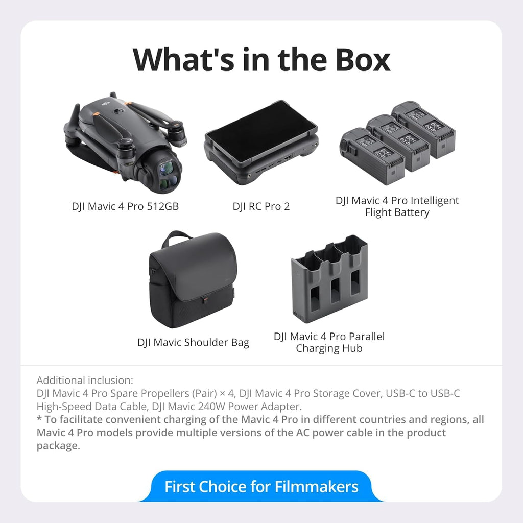 DJI Mavic 4 Pro 512GB Creator Combo with RC Pro 2, (Including 1-Year DJI NYC Care Plan) Flagship Tri-Camera Drone with 100MP 4/3 CMOS Hasselblad Camera, 51-Min Max Flight Time, Three Batteries, Charging Hub, Professional, Gray