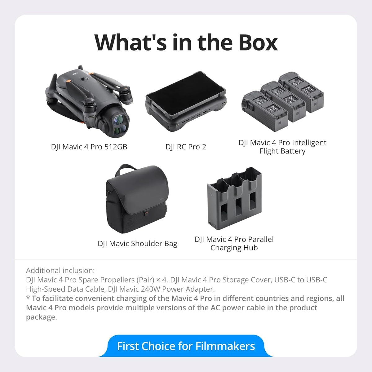 DJI Mavic 4 Pro 512GB Creator Combo with RC Pro 2, (Including 1-Year DJI NYC Care Plan) Flagship Tri-Camera Drone with 100MP 4/3 CMOS Hasselblad Camera, 51-Min Max Flight Time, Three Batteries, Charging Hub, Professional, Gray