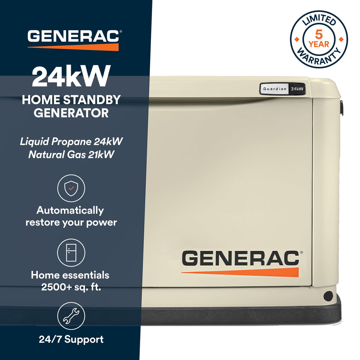Generac Guardian 24kW Home Generator, Transfer Switch & WiFi Monitoring