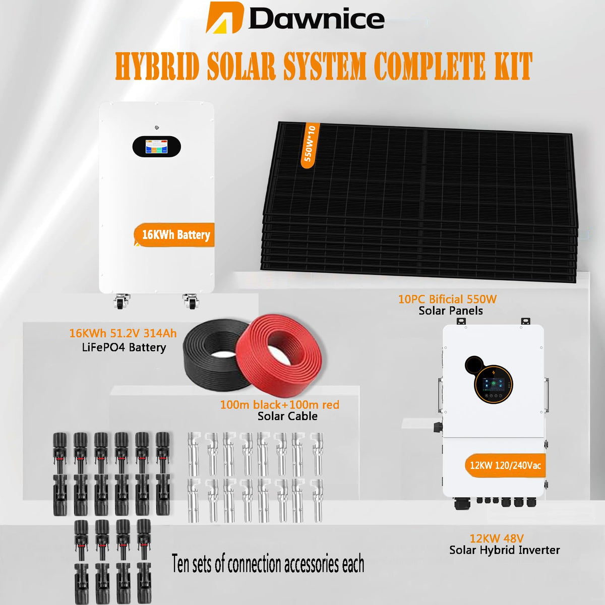 Dawnice 5.5KW Hybrid Solar System Complete Kit with 12KW Solar Hybrid Inverter 48V 314Ah 16KWh LiFePO4 Battery 10PCS Bificial 550W Solar Panels with MPPT Controller 120/240Vac