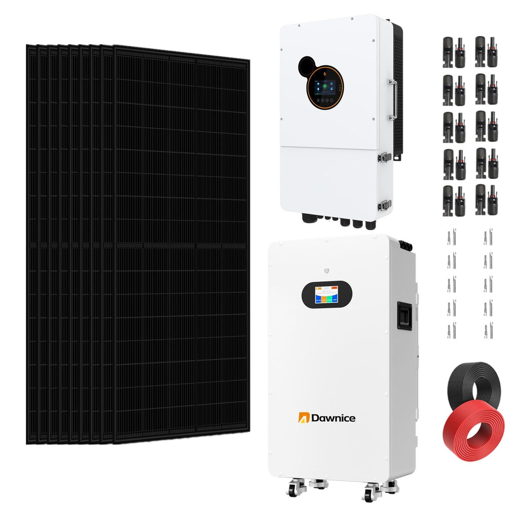 Dawnice 10KW Solar Power System 10PCS 585W Solar Panels 48V 12KW Hybrid Split Solar Inverter 120V/240V, 51.2V 314AH 16KWH LiFePo4 Battery Solar System Compelet Kit