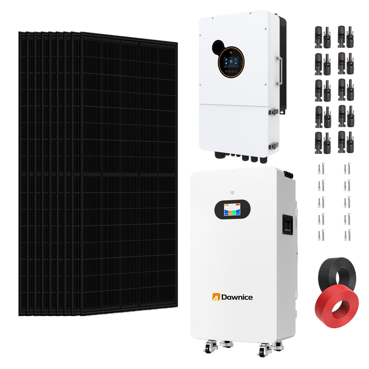 Dawnice 10KW Solar Power System 10PCS 585W Solar Panels 48V 12KW Hybrid Split Solar Inverter 120V/240V, 51.2V 314AH 16KWH LiFePo4 Battery Solar System Compelet Kit