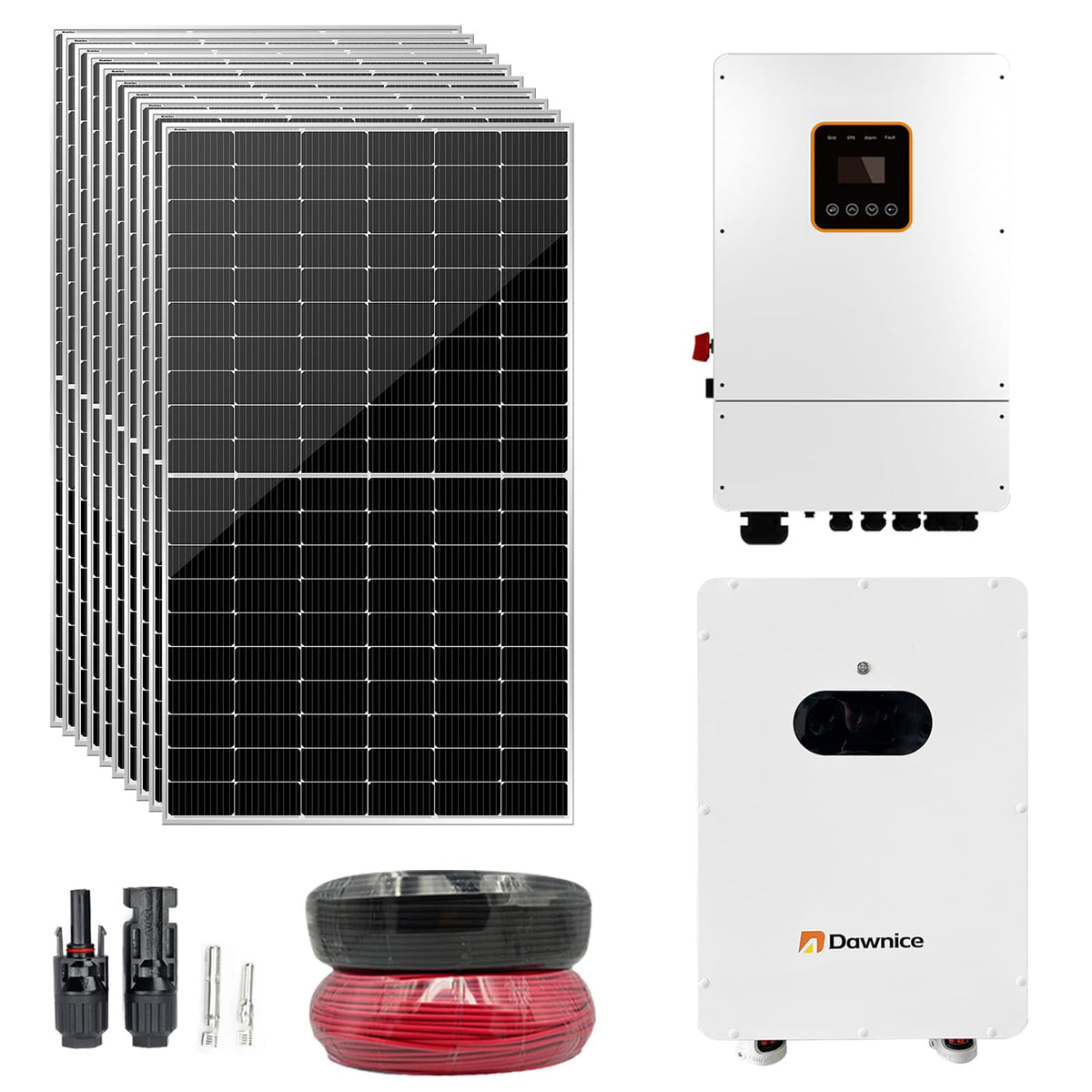 6KW Hybrid Solar System Complete Kit Off Grid On Grid, 10pcs 550W Bifacial Solar Panels 5500W, 6000W Hybrid Split Phase Inverter 120V/240V 48V, 51.2V 314Ah Wall Mounted Lithium Battery 16kWh Battery
