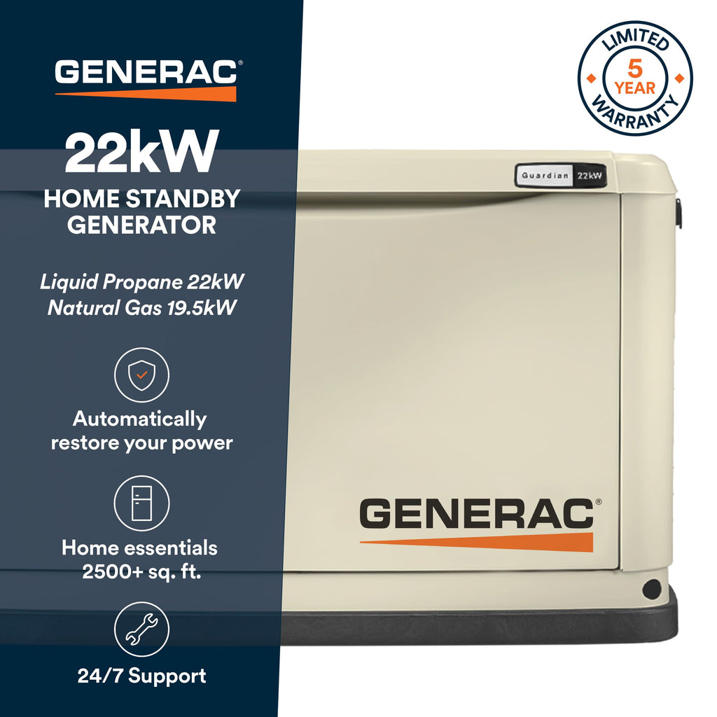 Generac Guardian 22kW Home Generator, Transfer Switch & WiFi Monitoring