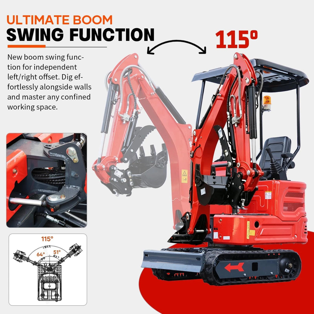 Machpro 1.4 Ton Mini Excavator with Kubota-Diesel Engine and Side Swing Boom, Compact Crawler Excavator for Trenching, Landscaping and Construction, Include Delivery & Unloading（90% pre-assembled）