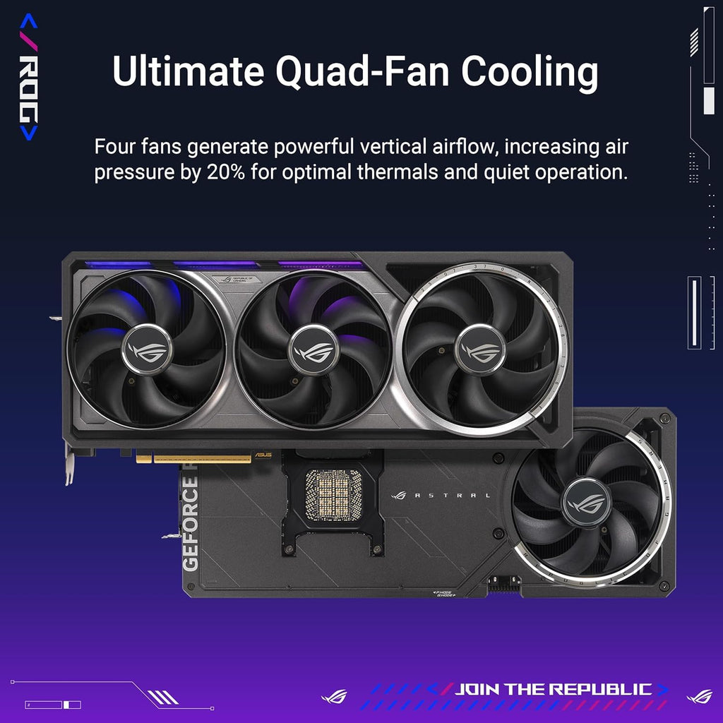 ASUS ROG Astral GeForce RTX 5090 OC Edition Quad Fan Graphics Card, 32GB GDDR7, 3352 AI Tops, 512-bit, DLSS 4, AI Content Creation, Local LLM Inference, DP 2.1b x3, HDMI 2.1b x2, with GPU Holder