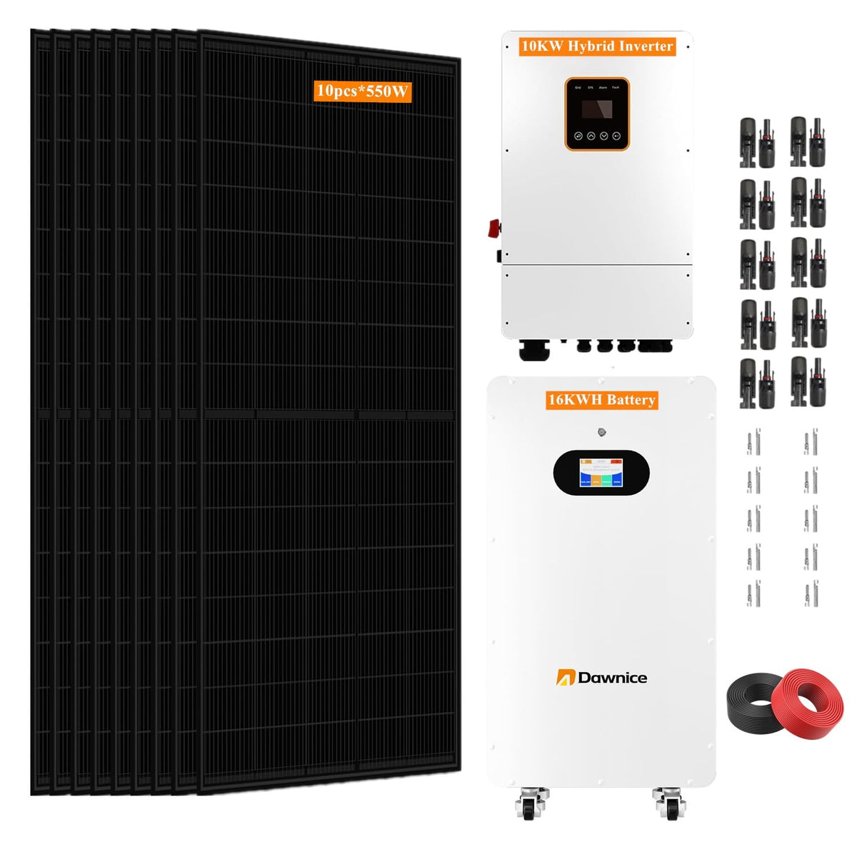 16KWH 10KW Hybrid Solar System Complete Kit 10PCS*550W Solar Panel (5500W) + 1Set 48V 10KW Split Phase Inverter with MPPT Controller + 1Set 16KWH Lithium Battery
