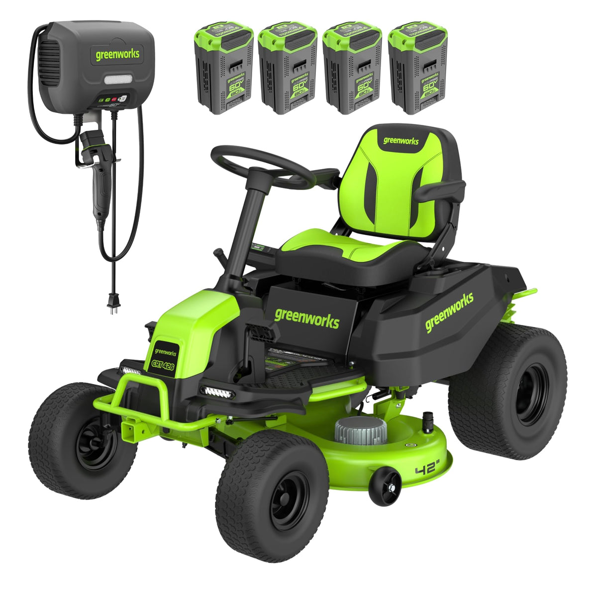 Greenworks 60V 42" CrossoverT Cordless Riding Lawn Tractor, (4) 8.0Ah Batteries and (600W) Plug in Charger