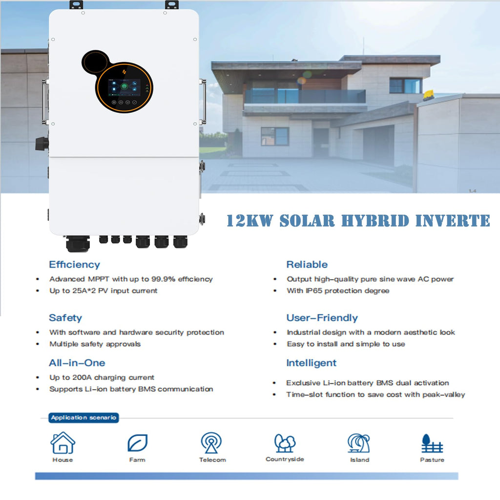 Dawnice 5.5KW Hybrid Solar System Complete Kit with 12KW Solar Hybrid Inverter 48V 314Ah 16KWh LiFePO4 Battery 10PCS Bificial 550W Solar Panels with MPPT Controller 120/240Vac