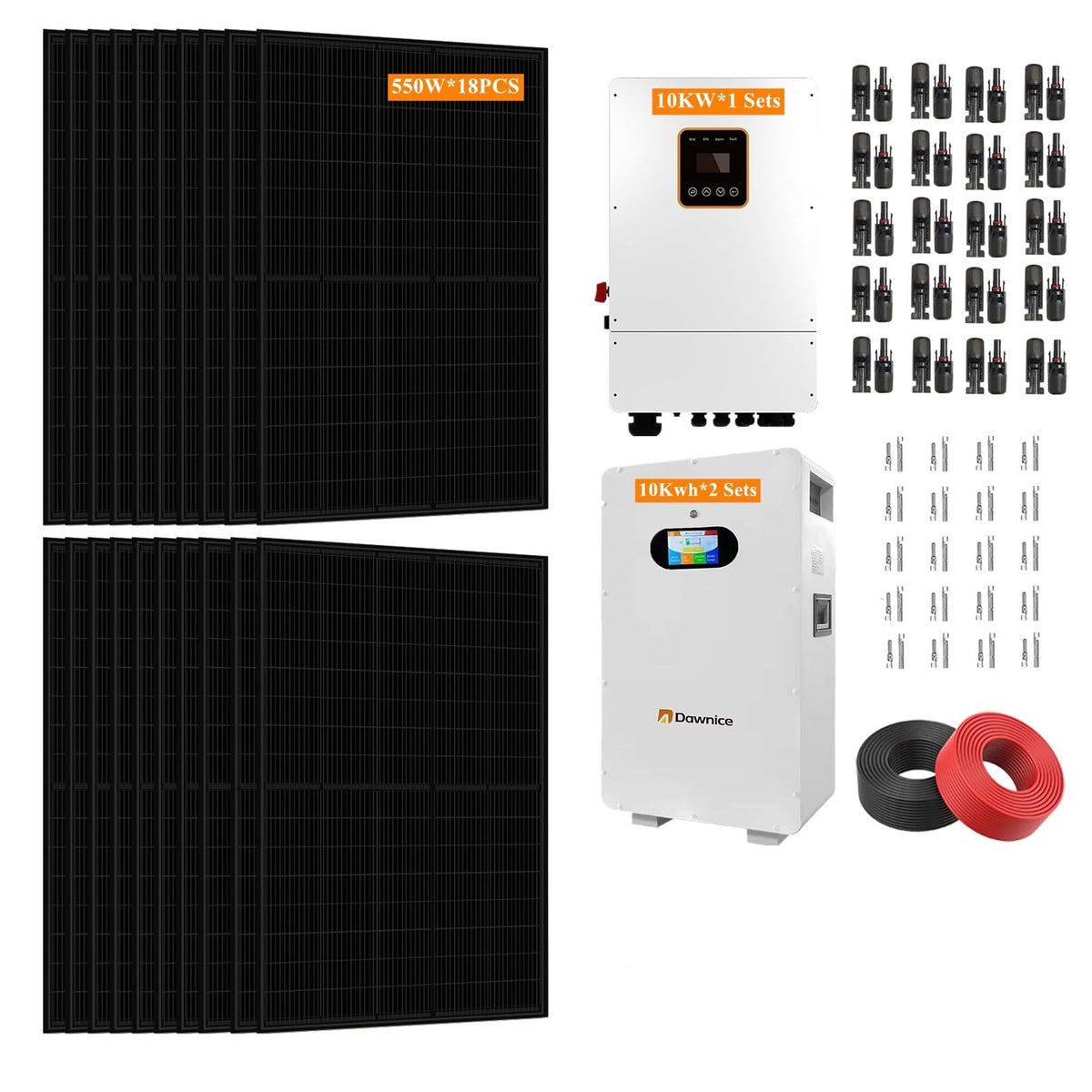 10KW Hybrid Solar Power System Complete Kit 18PCS 550W Solar Panel (10KW) +1Sets 48V 10KW Split Phase Inverter Built in MPPT+ 2Sets-51.2V 206Ah 10kwh Whole House Storage LiFePO4 Lithium Battery