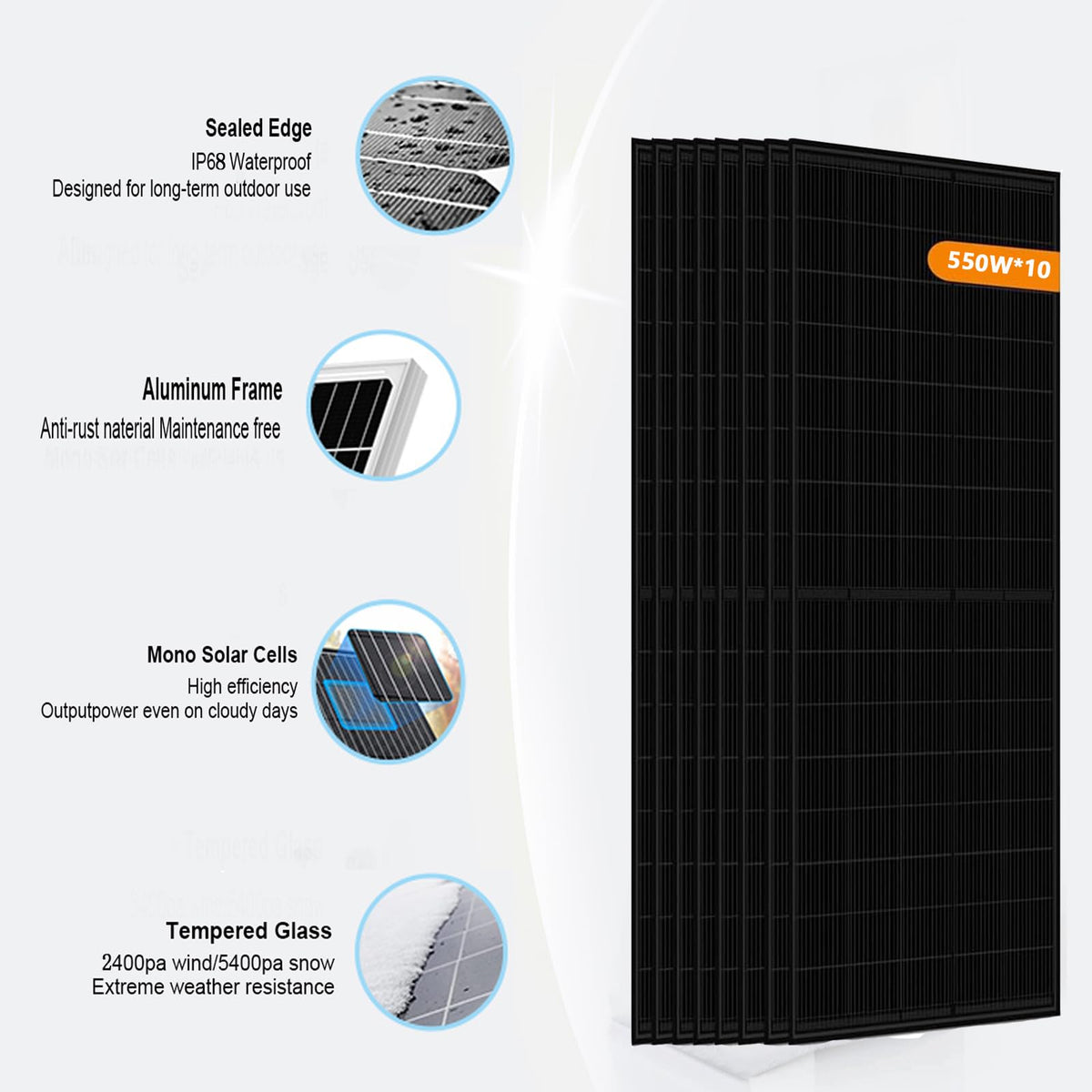 Dawnice 5.5KW Hybrid Solar System Complete Kit with 12KW Solar Hybrid Inverter 48V 314Ah 16KWh LiFePO4 Battery 10PCS Bificial 550W Solar Panels with MPPT Controller 120/240Vac