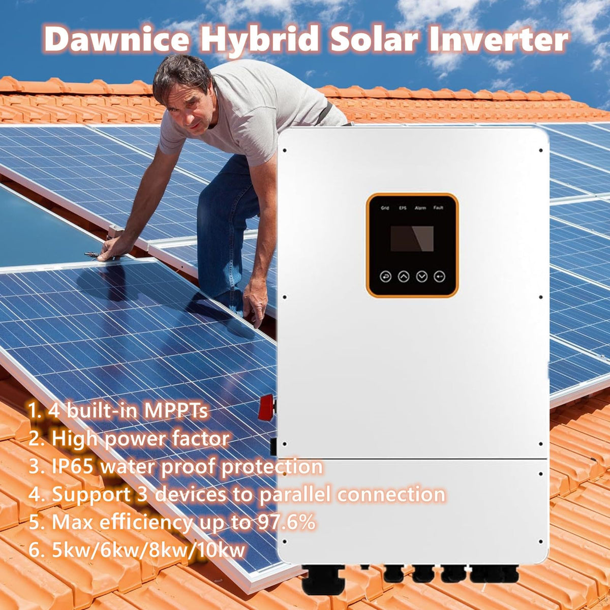5KWH Hybrid Solar System Complete Kit Home Solar Power System Complete kit 10PCS 550W Solar Panel (5500W) + 1Set 48V 5KW Split Phase Inverter with MPPT Controller + 1Set 5kwh Lithium Battery