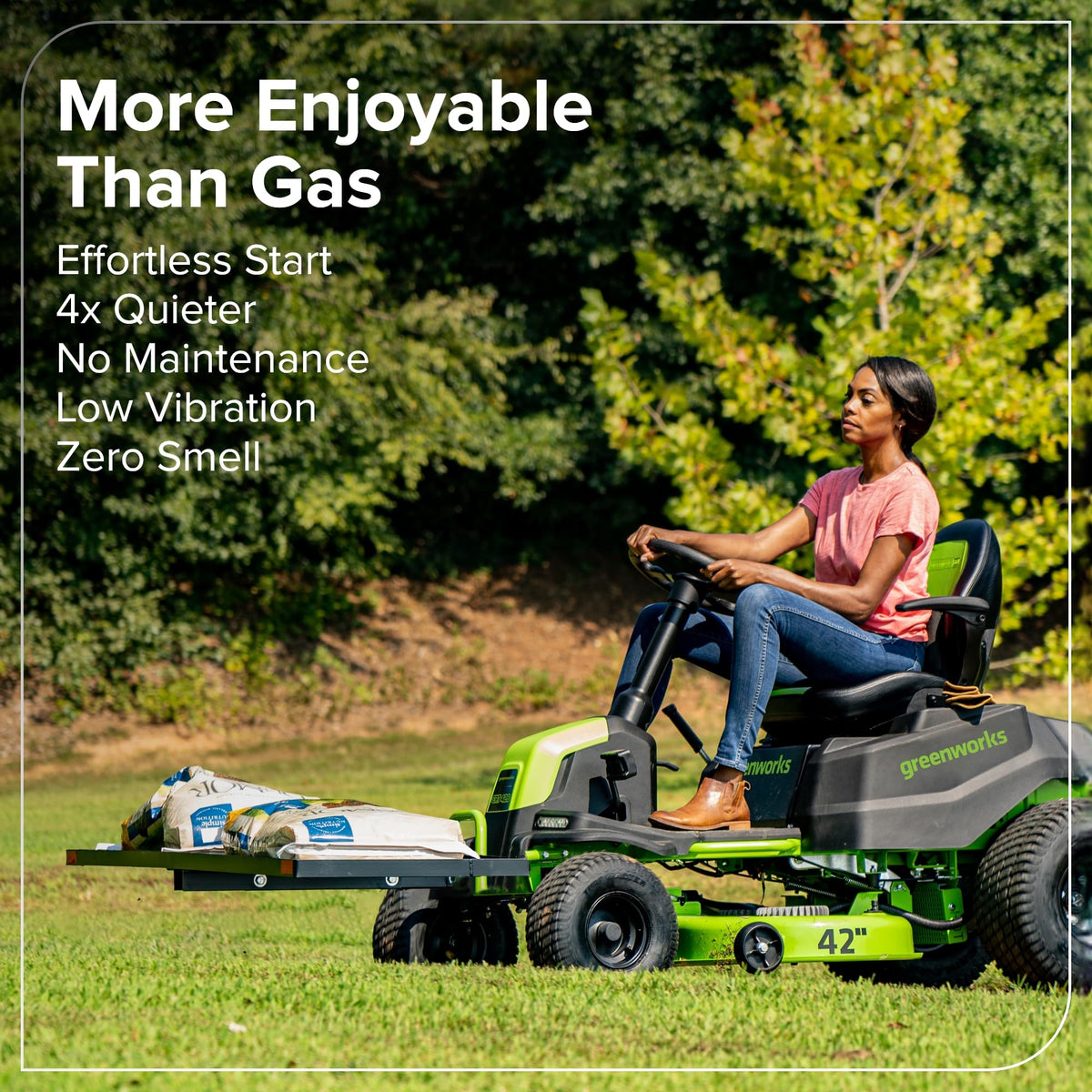 Greenworks 60V 42" CrossoverT Cordless Riding Lawn Tractor, (4) 8.0Ah Batteries and (600W) Plug in Charger