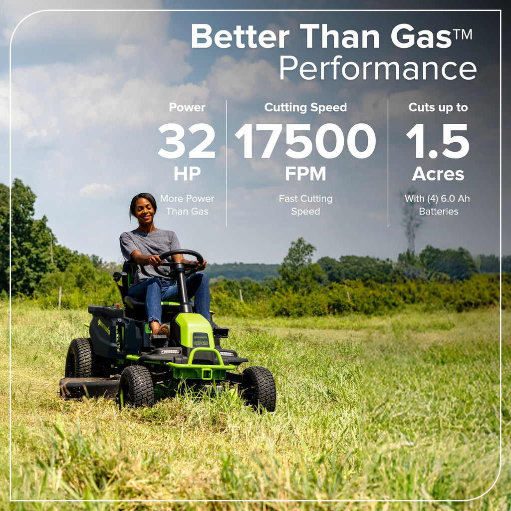 Greenworks 80V 42" CrossoverT Cordless Riding Lawn Tractor, (4) 6.0Ah Batteries and 600W Charger