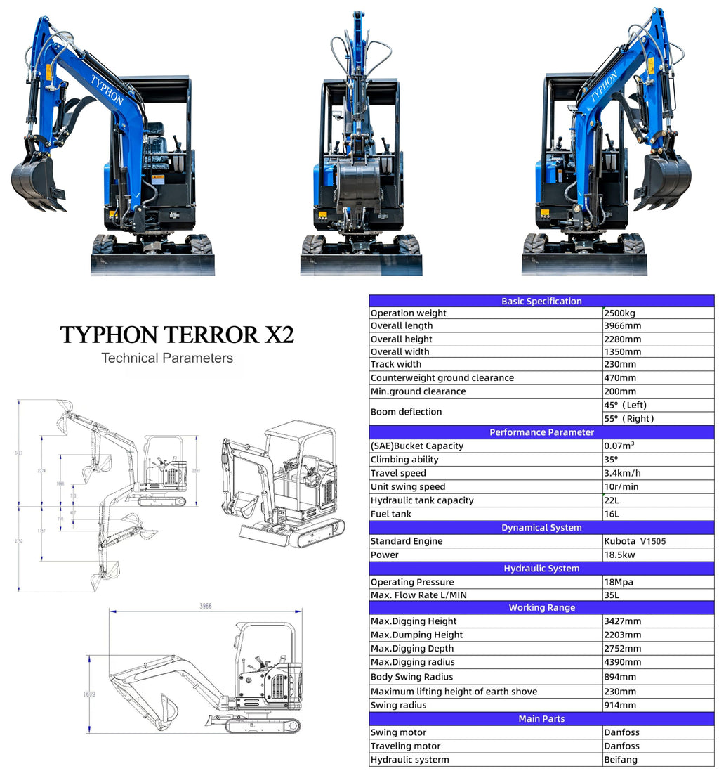 TYPHON Terror X2 Storm Mini Excavator 2.5 Ton Trench Digger EPA Diesel 24.4-24.8HP Engine