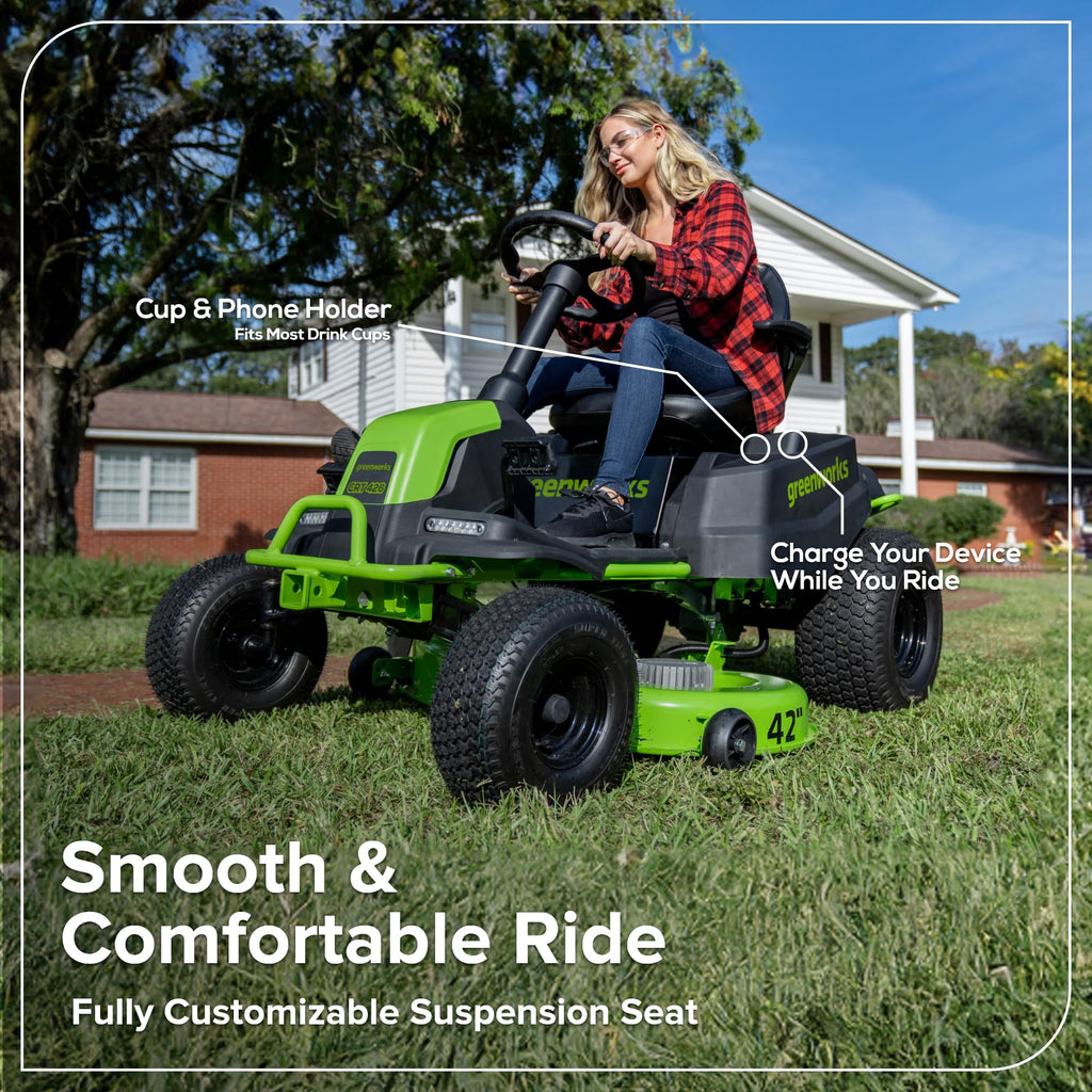 Greenworks 60V 42" CrossoverT Cordless Riding Lawn Tractor, (4) 8.0Ah Batteries and (600W) Plug in Charger